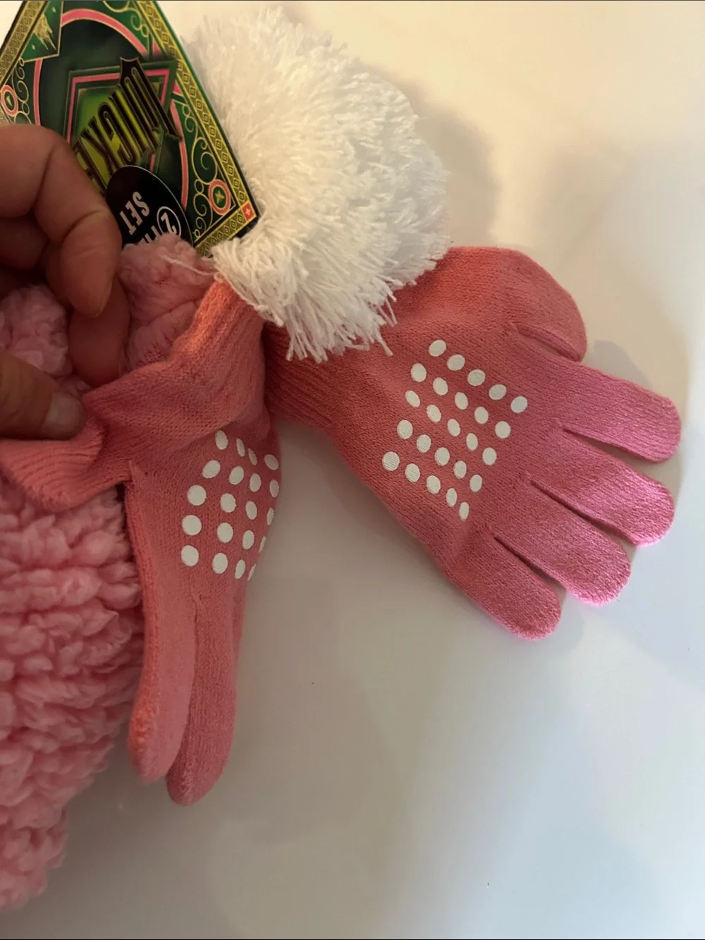 Wicked Kids Pink Sherpa Beanie & Grip Glove Set fits size 4-6 years old girl